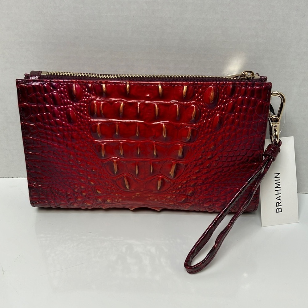 Brahmin red genuine leather clutch wistlet.  "Ruby Ombre Melbourne Daisy".
